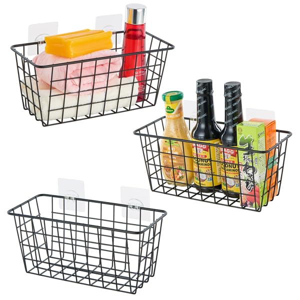 Image of JUNCHU CHERRY 3 Pack Hanging Storage Basket, Bathroom Basket, Household Goods Storage Basket, with Traceless Tape, no Drilling, for Cabinet Storage, Kitchen, Bathroom, Storage Room,Black