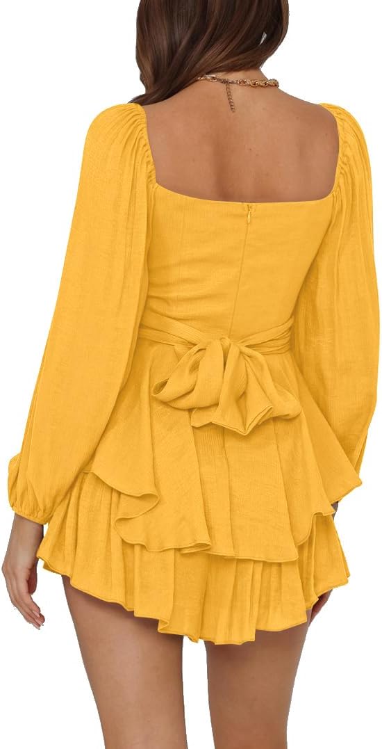 LYANER Women's Jumpsuit Lantern Long Sleeve Ruffle Layer Tie Mini Short Romper - Image 2