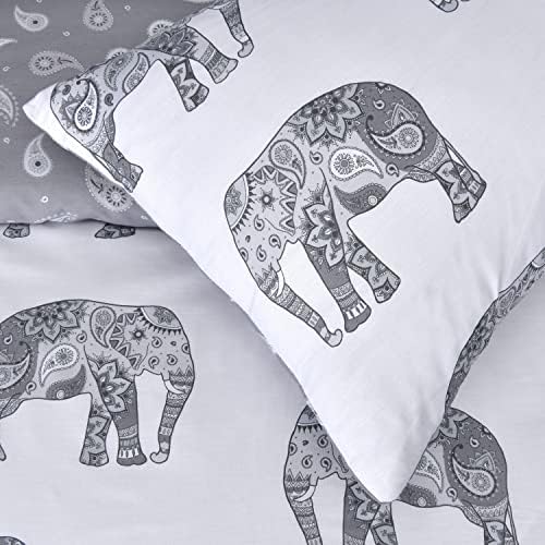 Sleepdown Elephant White Grey Reversible Soft Easy Care Duvet Cover Quilt Bedding Set with Matching Pillowcases - Double (200cm x 200cm)