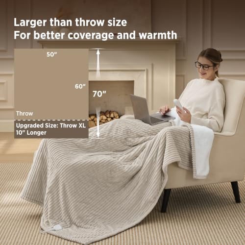 Image of Bedsure Ribbed Heated Blanket Throw XL, Cream Electric Blanket, Preheat