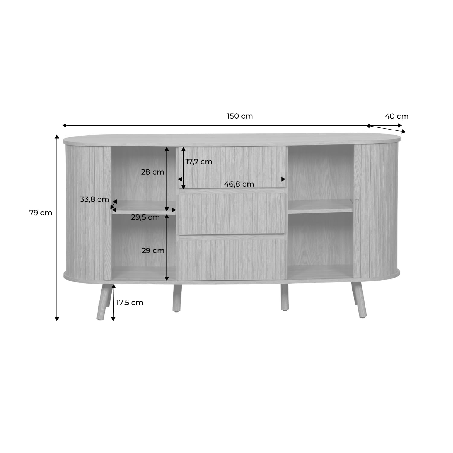 Alice's Garden sweeek - Buffet scandinave Ovale 2 Portes coulissantes. 4 Compartiments. 3 tiroirs. décor Bois rainuré. Teinte Noyer. L 150 x P 40 x H 79cm