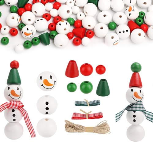 190pcs Christmas Wood Beads Snowman Wooden Beads Christmas Beads for Crafts Round Beads Tapered Beads with Hemp Rope Plaid Ribbon for DIY Jewelry Crafts Decoration
