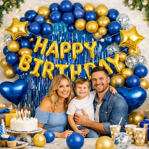 Image of Rozi Decoration Happy Birthday Gold & Blue Theme Combo Kit Including Curtains, Star, Heart Metallic & Confetti Balloons for Boy, Men Set of 37 Items