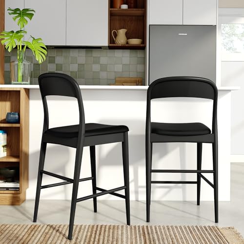 Image of Plank+Beam Loar Upholstered Counter Stool, Solid Rubberwood, Mid-Century Modern Kitchen Bar Chair, Curved Back, Low-VOC Finish, Counter Height Seating, Black /Black