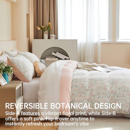 Image of BOLINLIVING Pink Floral Duvet Cover Queen Size, Reversible Botanical Spring Duvet Cover Set with 2 Pillowcases, Breathable Soft Microfiber Bedding Set for All Season with Zipper Closure