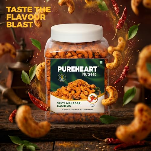 Image of Pureheart Spicy Malabar Cashews 1kg | Roasted Masala Kaju with Curry Leaves | Premium Crunchy Flavored Cashew Nuts | Healthy Snack, Protein Rich Dry Fruits | Spicy Roasted Nuts Pack