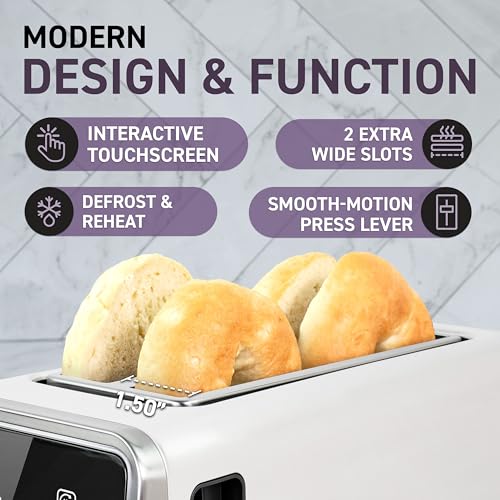 Image of Inspirex Touch Screen Toaster - 4 Slice, 2 Extra Long Slots - 5 Bread Types and 6 Browning Levels - Defrost, Reheat, Favorite, & Single Slot Modes - For Toast, Bagels, & Waffles - White