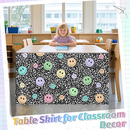Image of 6FT Smiley Face Table Skirt Teacher Desk Skirt for Composition Notebook Classroom Decor Rectangle Tablecloth Colorful Table Cover for Back to School Party Supplies Home Dorm Office Bookcase Cabinet