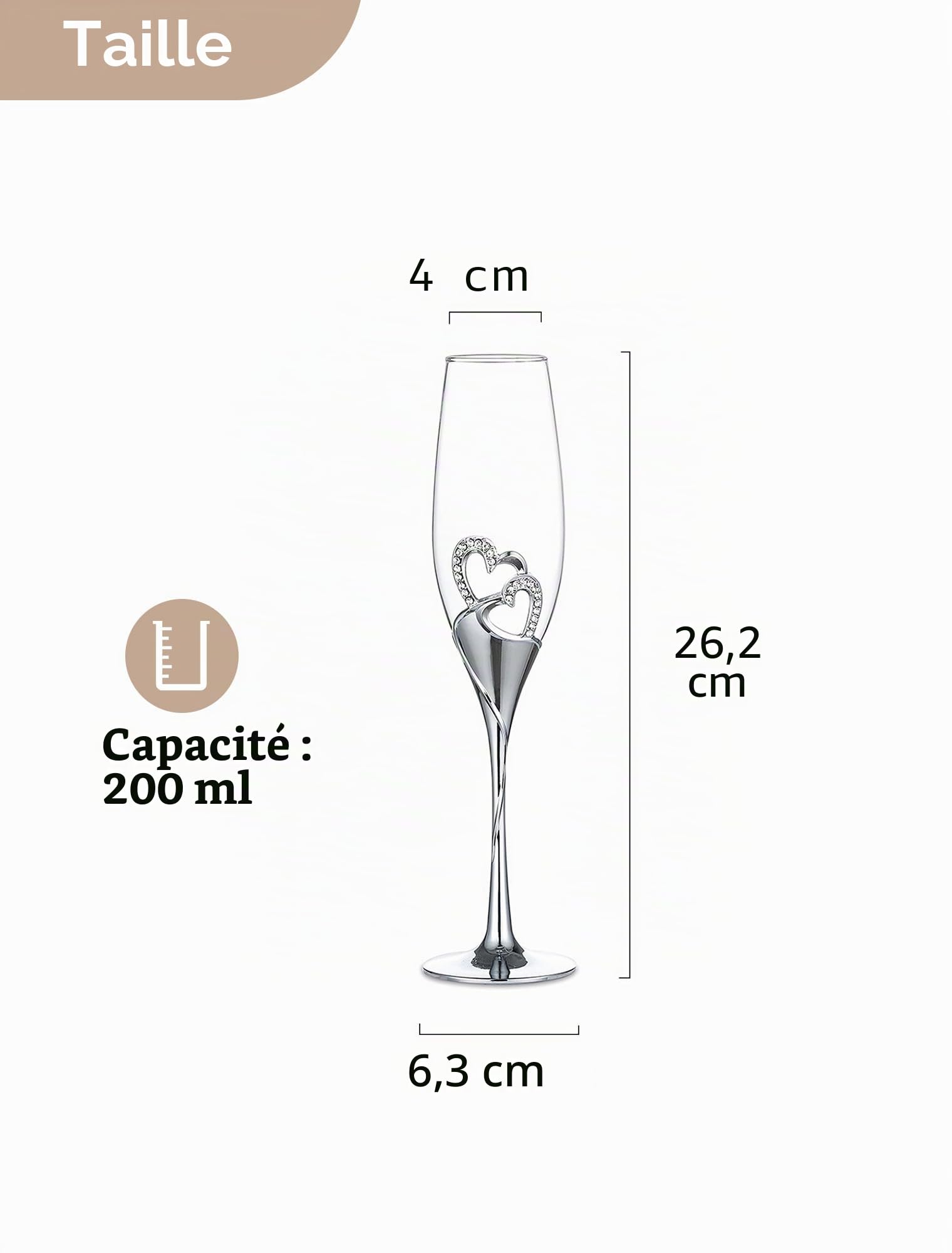 NUPTIO Cristal Flûtes à Champagne avec en Bois, Cadeau Mariage, Argent | 2 Pièces, Verre, pour Anniversaire, Fête, Noël, pour les Couples, l'épouse, la Mariée, l'être Aimé