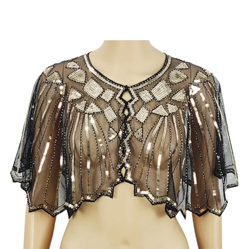 1920s Shawl Wraps Sequin Beaded Evening Cape Bridal Shawl Bolero Flapper Cover Up Oversize Transparent Mesh Shawl Wrap (Black Golden)2