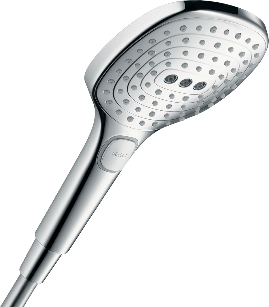 hansgrohe Raindance Select E - ducha de mano max. 6 l/min (EcoSmart+), alcachofa de ducha con 3 tipos de chorro, cabezal de ducha rectangular, con sistema antical, cromo, 28729000