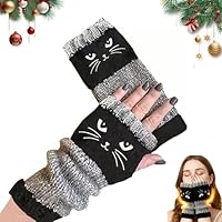 Cat Embroidery Splicing Knitted Gloves, Warm Gloves Fashion Leaky Finger Casual Women's Glove, Soft Stretchable Cold Weather Gloves for Outdoor Activities(Black)