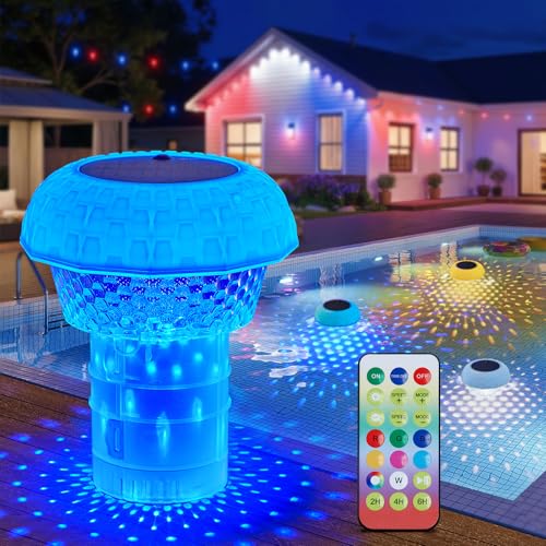 2 in 1 Floating-Pool-Lights-Solar-Powered with Chlorine-Floater RGBWW-Solar-Pool-Light-Chlorine-Dispenser with 20+ Light Effects Remote Control IP68 Waterproof Light for Pools Hot Tubs Parties