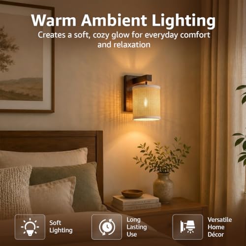 Image of Amazon Basics Rattan Dark Weave Wall Lamp | Natural Rattan Shade with Mango Wood Bracket | E14 Holder | Decorative Wall Light for Bedroom, Living Room & Home Decor