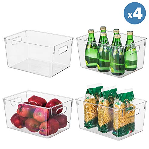EAMAOTT Clear Plastic Storage Organizer Container Bins with Cutout Handles, Transparent Set of 4 | BPA Free, Closet Kitchen Cabinet Storage Bins for Pantry Refrigerator, 11” x 8” x 6” Each