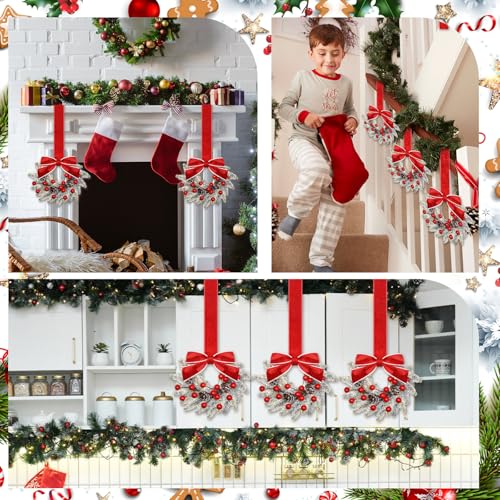 Image of Dingion 6 Pcs 6 Inch Christmas Mini Cabinet Wreaths for Kitchen with Ribbon Bows Red Berry Small Winter Window Wreath Garland for Door Window Farmhouse Christmas Party Decorations