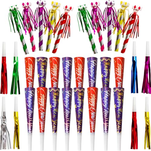 50 Pack Happy New Year Noise Makers Horns Tassel Squawkers 2025 Colorful Party Noisemaker Set Adults Kids Party NYE Party Favor Supplies
