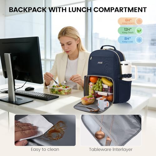 Image of LOVEVOOK Lunch Backpack with Lunch Compartment,15.6 Inch Laptop Work Travel Insulated Cooler Backpack Purse, Waterproof College Teacher Lunch Bag Box with Tumbler Holder,Gifts for Men Women,Dark blue