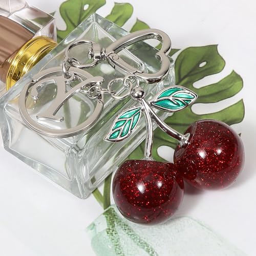 Heart-Shaped Keychain with Initial A-Z and Cherry Charm Bag Charms for Women,Car Accessories