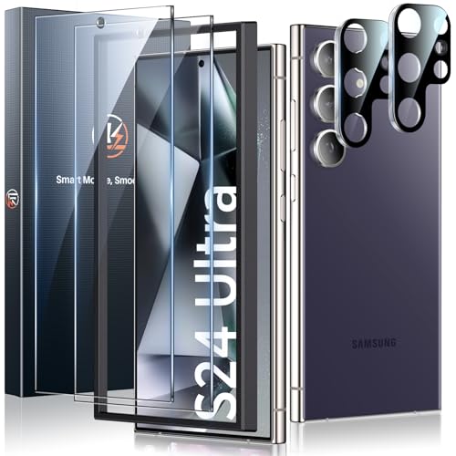 LK 2+2 Pack for Samsung Galaxy S24 Ultra Screen Protector 2pcs Tempered Glass Film + Camera Lens Protector for S24 Ultra Support Fingerprint Unlock Anti-Shatter Anti-Scratch Easy Installation