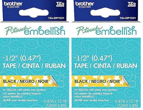 Image of Brother P-Touch Embellish Black Print on Yellow Stars Patterned Tape TZEMPYS31 - ~ inch Wide x 13.1' Long for use with P-Touch Embellish Ribbon & Tape Printer (Pack of 2)