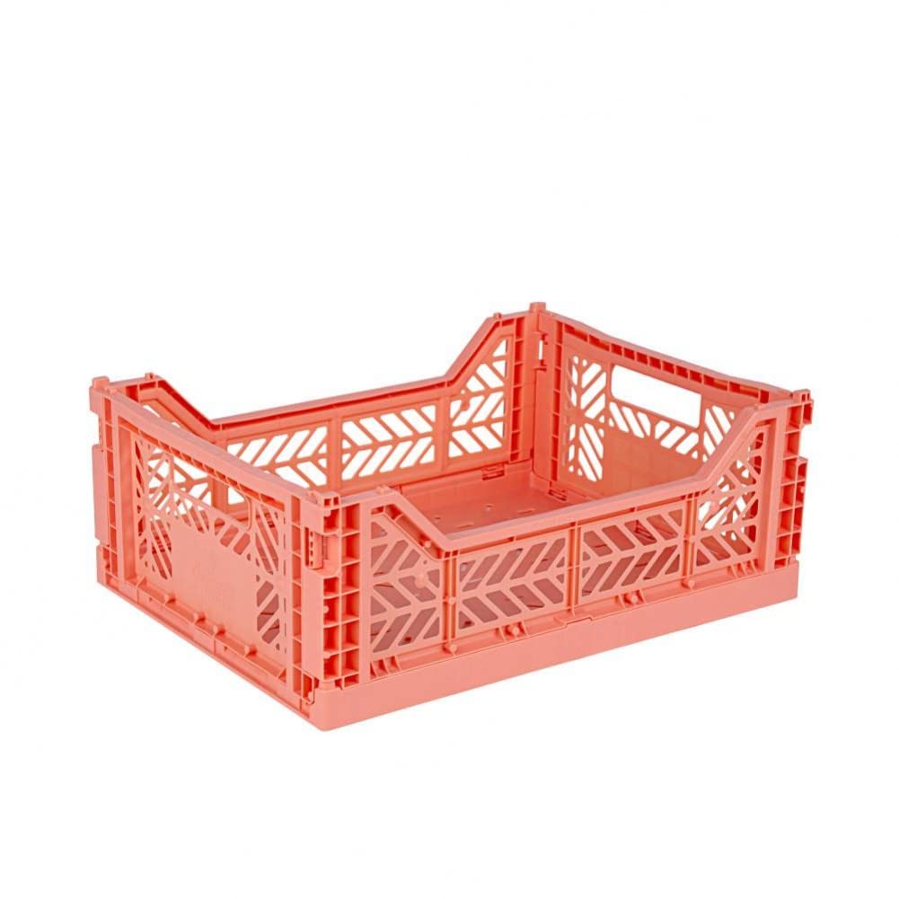 AYKASA Collapsible Storage Bins, Plastic Crate, Utility Stackable Box, Milk Crate (Medium, Salmon Pink)