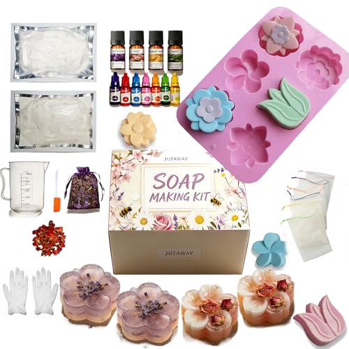 Seife Selber Machen Set Erwachsene - 500g Seifenbasis zum Basteln Erwachsene Frauen, 6 Silikonformen, 7 Pigmente, 4 ätherische Öle, 2 Arten getrocknete Blumen & DIY, Seife Herstellen, Geschenk (Rosa)