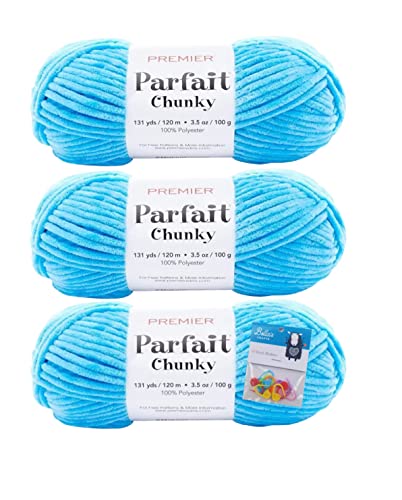 Image of Premier Yarns Parfait Chunky Chenille Yarn 3.5 Oz 6 Super Bulky Weight 3 Pack Bundle with Bella's Stitch Place Holders (Azure)