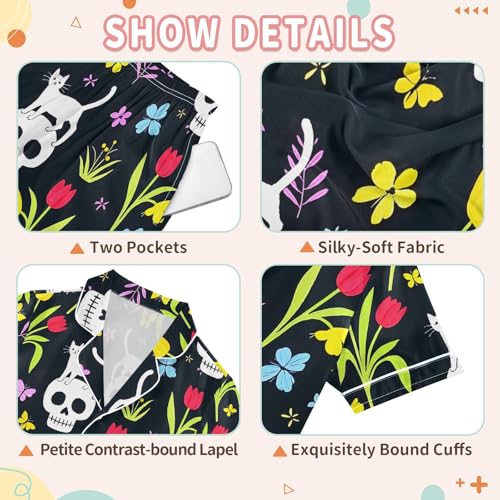 Skull Cat Tulip Flower Pajamas Set Summer Button Down Sleepwear Pjs Sets Comfy Loungewear3