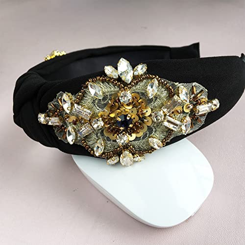 Yusier Baroque Rhinestone Crystal Headbands For Women Top Knot Headband Handmade Jewelry Girls Hair Accessories Exquisite Embroidered Wide Headbands Fashion Hairband (Black) #TOP3