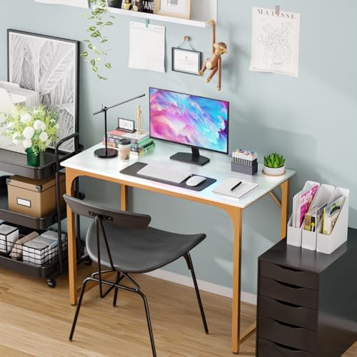 Image of PayLessHere | 39 Inch Computer Desk | White Gold | Sturdy Office Desk | Metal Frame, Adjustable Feet | Water-Resistant, Scratchproof Surface | Writing Table for Home Office or Study | Pack of 1