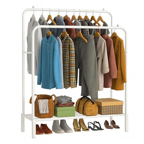DIVCHI Double Rail Clothes Rack Heavy Duty Freestanding Metal Garment Organizer Stand with Dual Hanging Bars & Bottom Storage Shelf & Hook for Bedroom Laundry Room & Entryway (White)