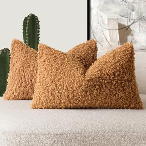Image of Foindtower Set of 2 Curly Teddy Wool Pillow Covers Decorative Boucle Textured Lumbar Throw Pillow Faux Fur Sherpa Pillowcases Sheepskin Fuzzy Cushion Case for Sofa Bedroom Car 12 inchx20 inch Orange