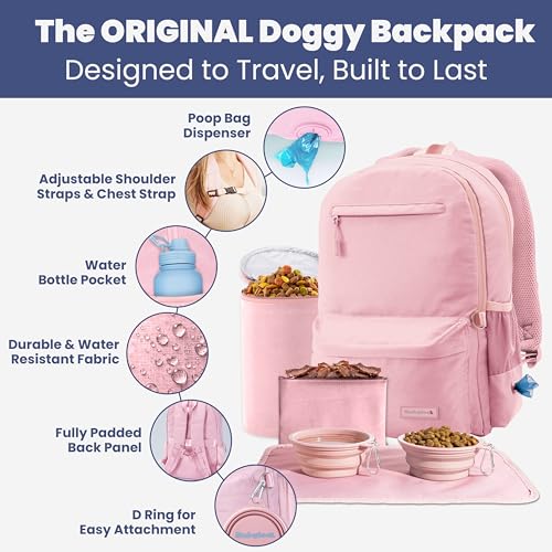 Image of Dog Travel Bag for Supplies - Complete Dog Diaper Bag Backpack with 2 BPA-Free Travel Bowls, Treat Pouch, Food Container, Placemat & Laptop Sleeve - for Traveling, Road Trips, Hiking: Dusty Pink