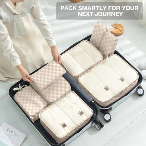 Image of Packing Cubes for Travel, Packing Cubes with Shoe, Cosmetics, Clothing,and Accessories Bags, Travel Cubes for Packing Suitcase Organizer for Women Men, Khaki Grid-A, Large