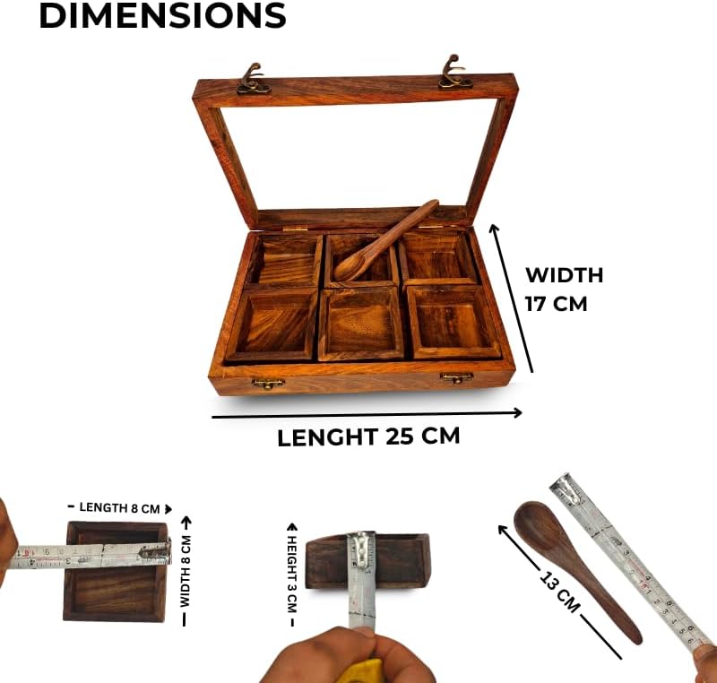 Acacia Wood Spice Box, Wooden Tea Box, 4 Compartments Kitchen Organiser Storage Box, Indian Spices Masala Box, Tea Storage, Spice Storage 6 Partition Jewelery Box