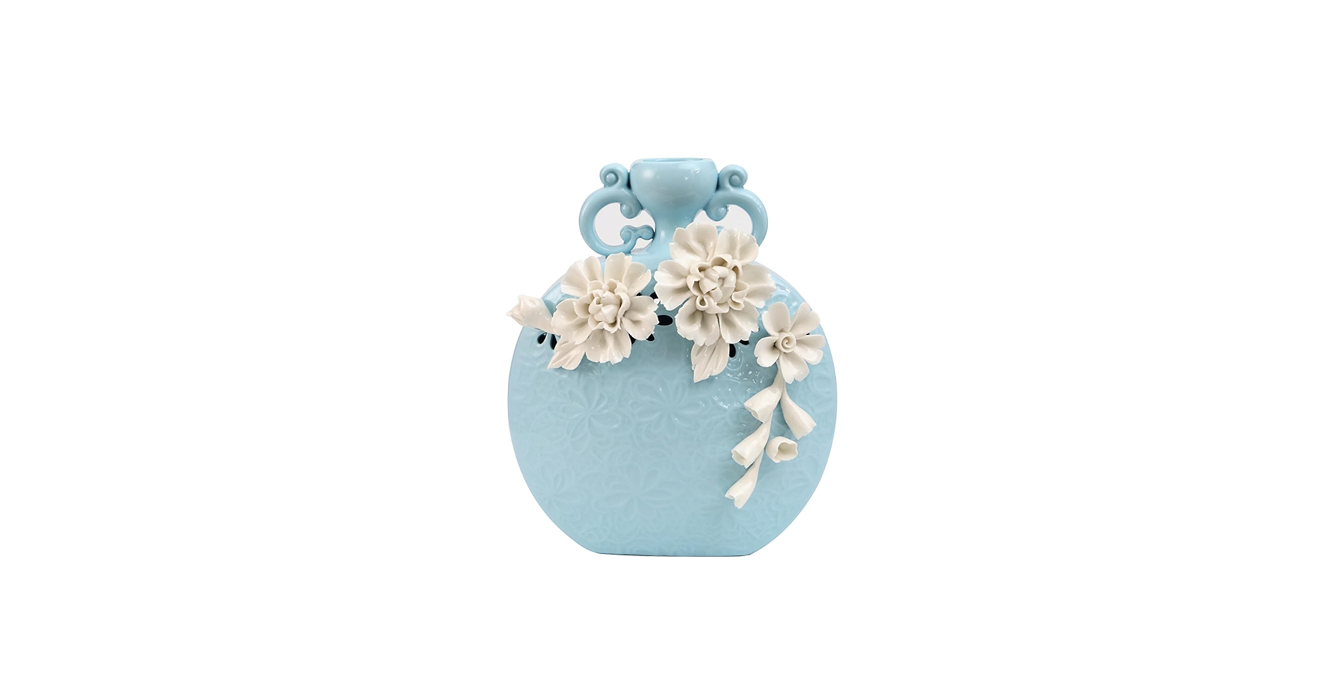 Amazon.co.jp: 水色の陶器の花瓶、卓上花瓶立体的な白い花の装飾が施 Amazon.co.jp: 水色の陶器の花瓶、卓上花瓶立体的な白い花の装飾が施