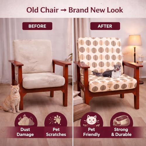 Image of STITCHNEST 'Contour Fit Series' Stretchable Printed Wooden Sofa Cover (Pack of 4) - Elastic Wooden Chair Cover | Wooden Sofa Seat Cover | Size - 20-21 x 20-21 x 3-5 in