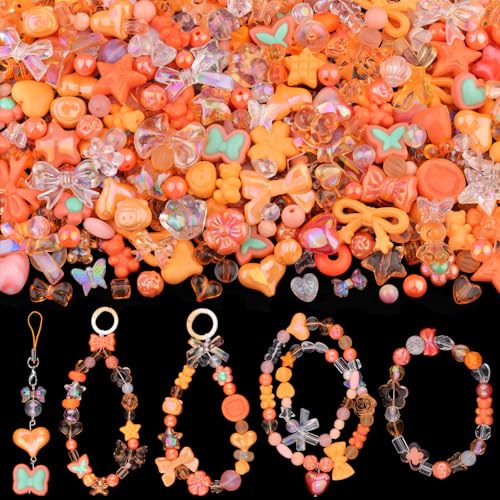 200-260PCS TINKRSTUFF Assorted Orange Acrylic Beads for Bracelet Making Cute Beads for Jewelry Making Flower Bow Butterfly Candy GummyBear Aesthetic Bracelet Charms DIY Necklace Keychain Phone Charm