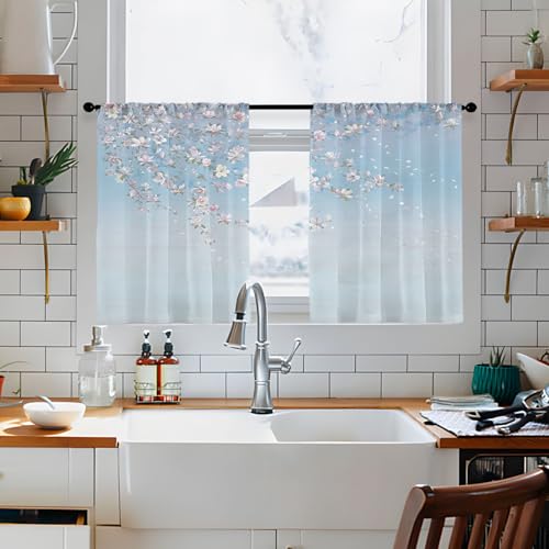 Highdi 2 Piezas Cortinas Cortas para Cocina Media Ventana Floración 3D Cortinas de Pequeñas Modernas para Debajo del Fregadero, para El Lavadero del Armario Dormitorio (Azul Claro,W80xL150cm)