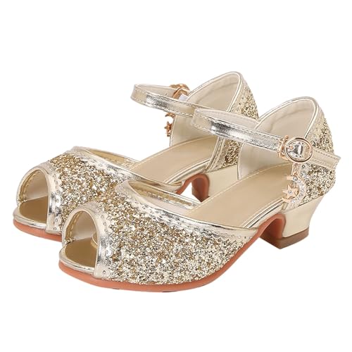 Sandales pour filles - Bout fermé - Talons - Mariage - Fête - Chaussures à paillettes - Nœud pour tout-petits, or, 30 EU