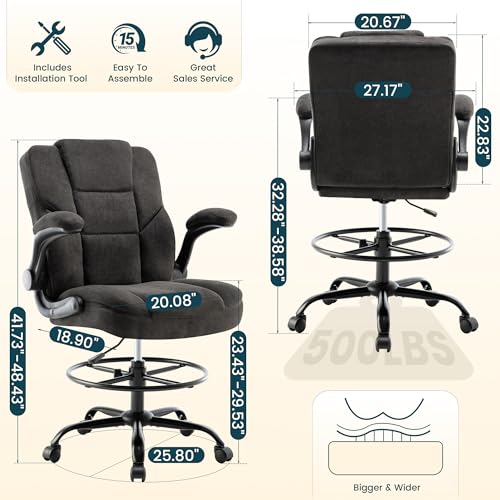 Image of Drafting Chair 500Lbs, Tall Office Chair for Standing Desk, Fabric Executive Office Chair with Flip-up Armrests, Ergonomic High Chair with Adjustable Foot Ring, Comfy Stool Chairs, Black
