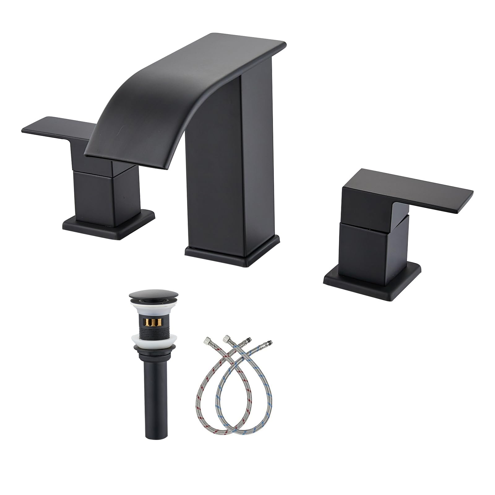 LOOPAN 8-Inch Widespread Bathroom Faucet 3 Hole Square Shaped Waterfall Modern Vanity Sink Faucet 2 Handle with cUPC Water Supply Lines and Overflow Pop Up Drain Assembly