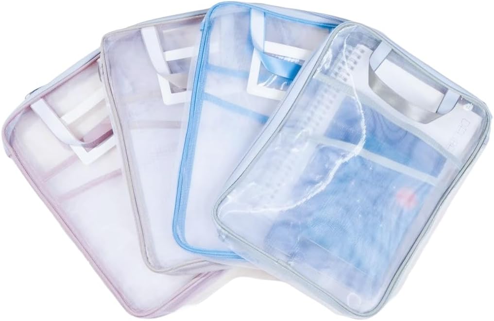 Mesh Bags With Zipper, Document bags with zipper,Triple-Layer L-Shaped Opening, A4,Mesh Zipper Pouches, Label Area,4-pcs