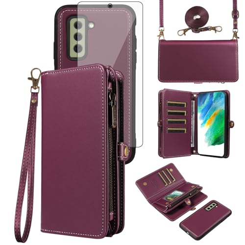 Coque Samsung S21 FE 5G cordon pour libérer vos mains en voyage étui portefeuille violet