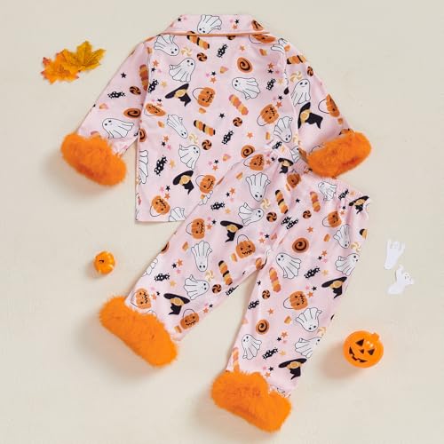 Baby Boy Girl Halloween Silk Pajamas Set Button Down Pumpkin Ghost Long Sleeve Shirts Tops and Pants Satin Pj Sets3
