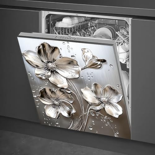 Image of HOMETITUTE Silver Flower Magnetic Dishwasher Cover 23x26 Inch Embossed Water Drop Floral Panel Decorative Magnet Sticker for Kitchen Appliance Fridge Door Surface Wrap Modern Metal Art