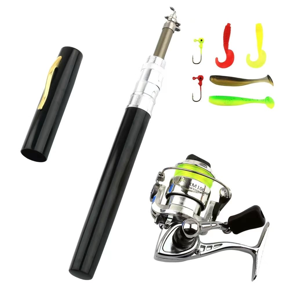Pen Fishing Rod Reel Combo Set 5in1 Mini Pocket Portable Collapsible Fishing Pole Kit with Spinning Reel Aluminum Alloy (Black)