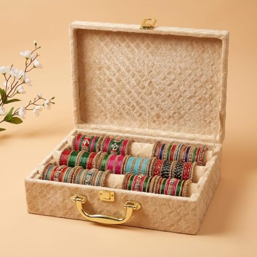 Image of Bangle Organizer Box for Women, 3 Rod Bridal Chudi Storage Box with Handle & Lock, Premium Velvet Bangle Holder for Bangles, Chudi, Kada & Bracelets, Beige