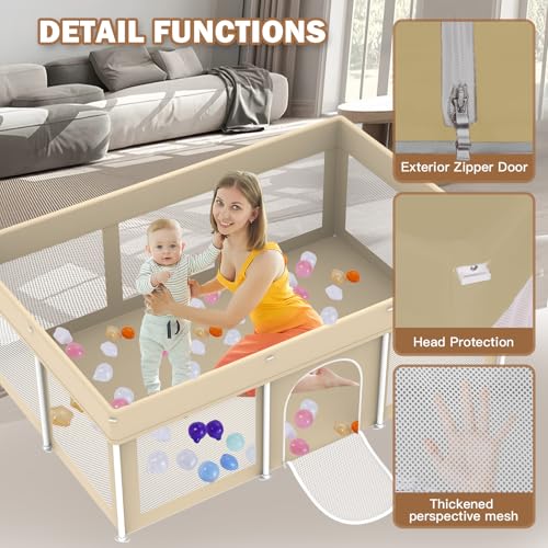 Image of Foldable Large Baby Playpen 50 inchx71 inch, Portable Playard for Babies & Toddlers, No Assembly, Safe Zipper Gate, Soft Mesh Sides, Ideal for Indoor & Outdoor Use, Includes 100 Ocean Balls, Beige